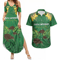 Personalised South Canterbury Anniversary Day Couples Matching Summer Maxi Dress and Hawaiian Shirt Kiwi Kowhai Silver Fern Maori Pattern LT22 Green - Polynesian Pride