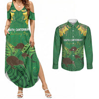 Personalised South Canterbury Anniversary Day Couples Matching Summer Maxi Dress and Long Sleeve Button Shirt Kiwi Kowhai Silver Fern Maori Pattern LT22 Green - Polynesian Pride