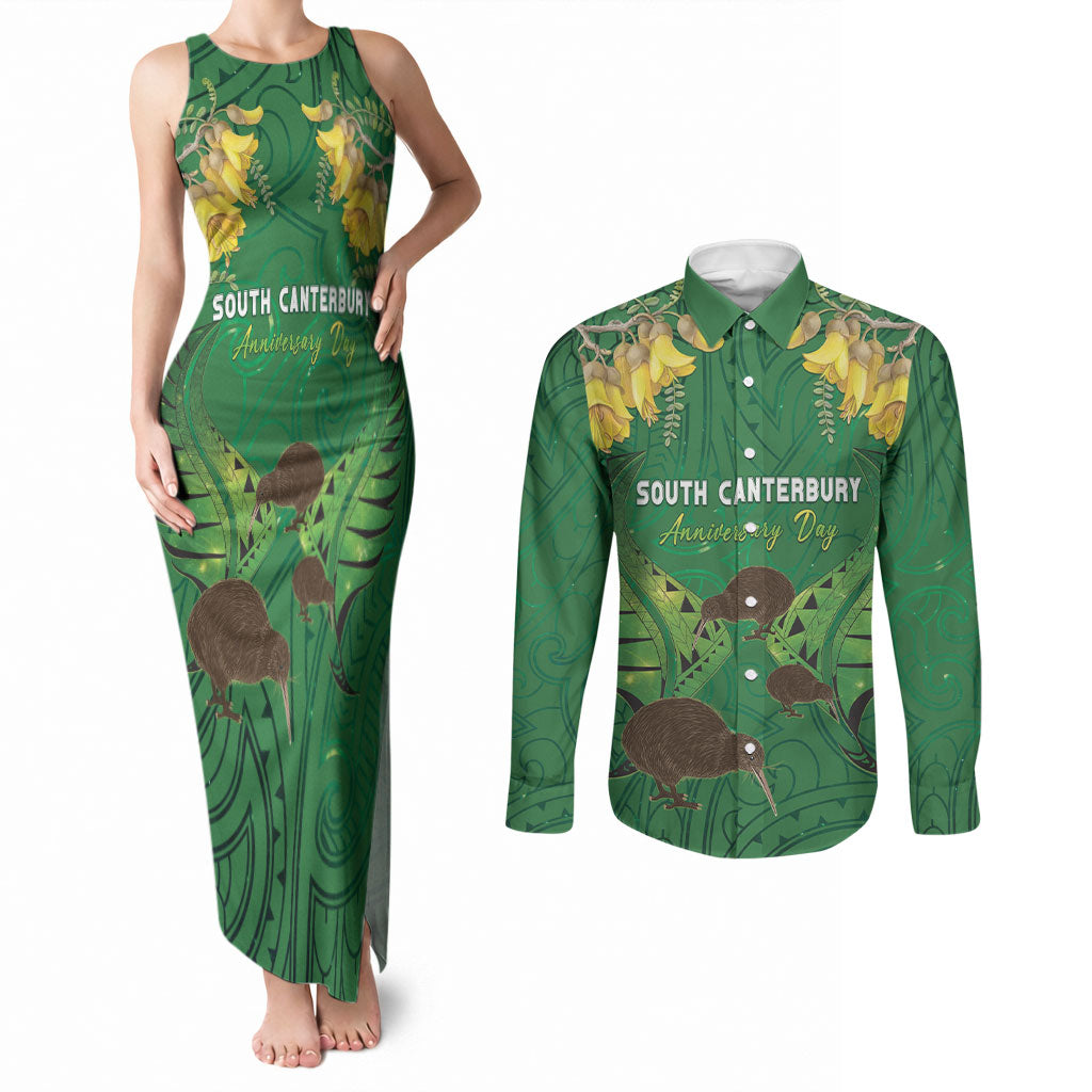 Personalised South Canterbury Anniversary Day Couples Matching Tank Maxi Dress and Long Sleeve Button Shirt Kiwi Kowhai Silver Fern Maori Pattern