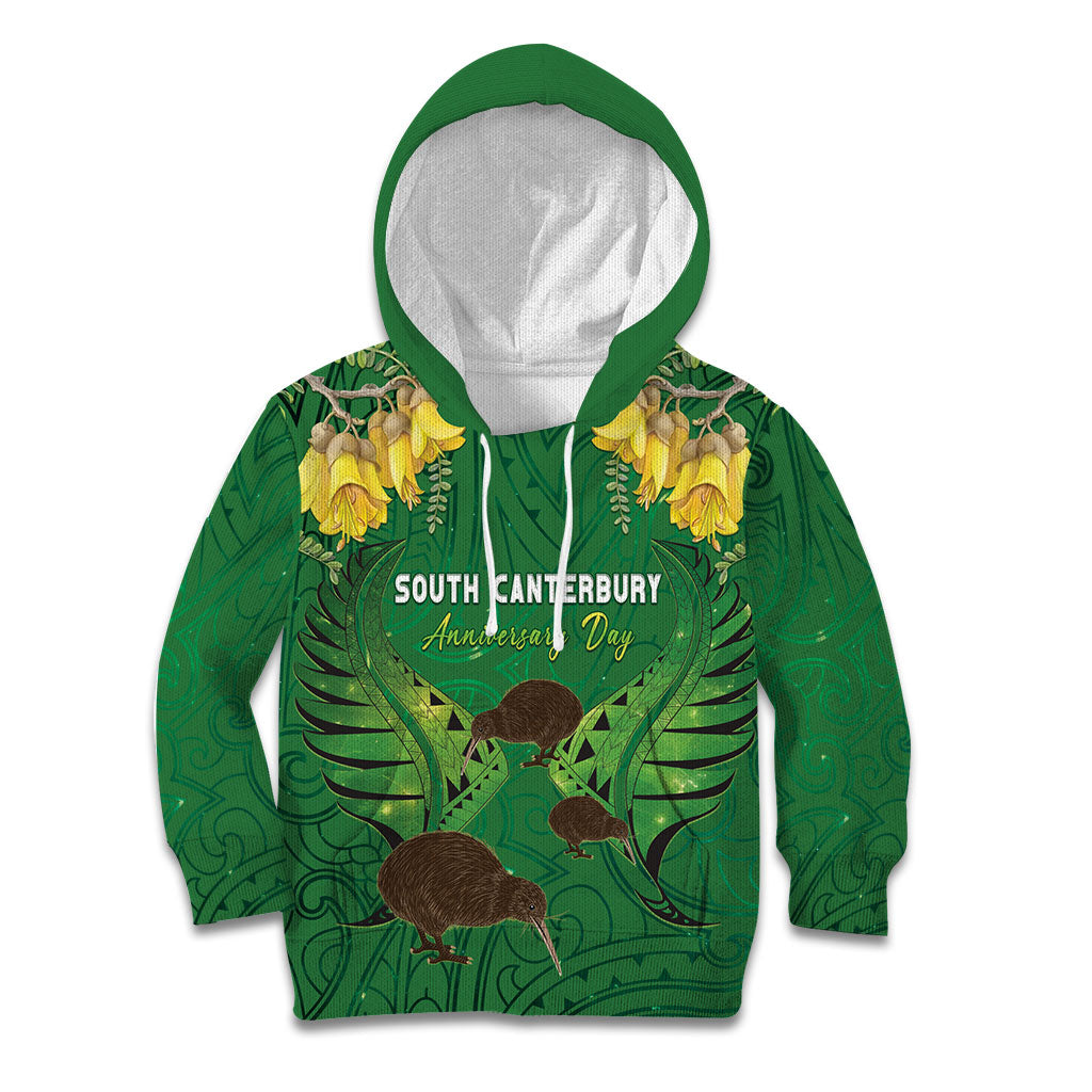 Personalised South Canterbury Anniversary Day Kid Hoodie Kiwi Kowhai Silver Fern Maori Pattern LT22 Hoodie Green - Polynesian Pride