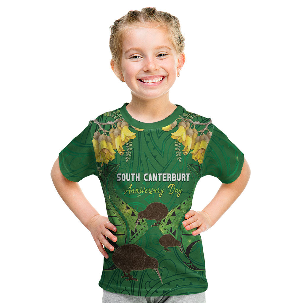 Personalised South Canterbury Anniversary Day Kid T Shirt Kiwi Kowhai Silver Fern Maori Pattern