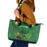 South Canterbury Anniversary Day Leather Tote Bag Kiwi Kowhai Silver Fern Maori Pattern LT22 Green - Polynesian Pride