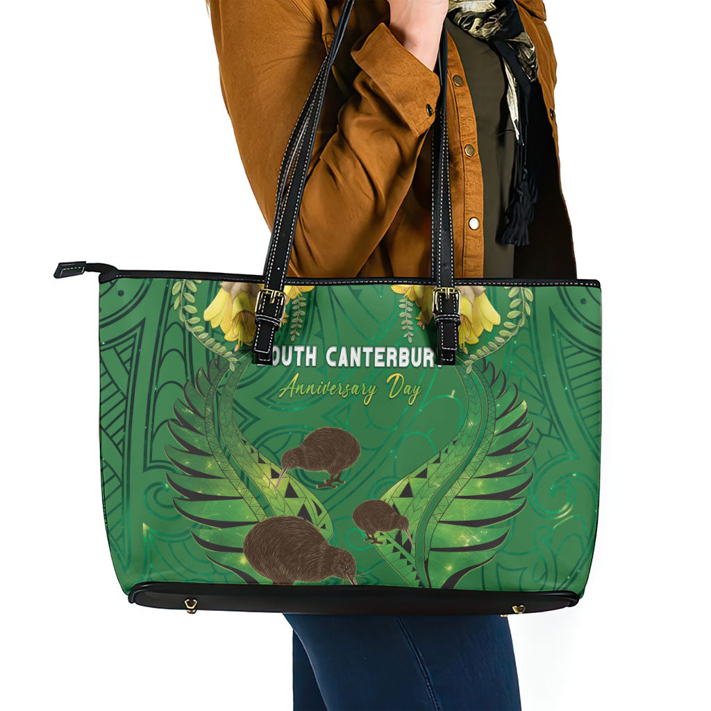 South Canterbury Anniversary Day Leather Tote Bag Kiwi Kowhai Silver Fern Maori Pattern LT22 - Polynesian Pride