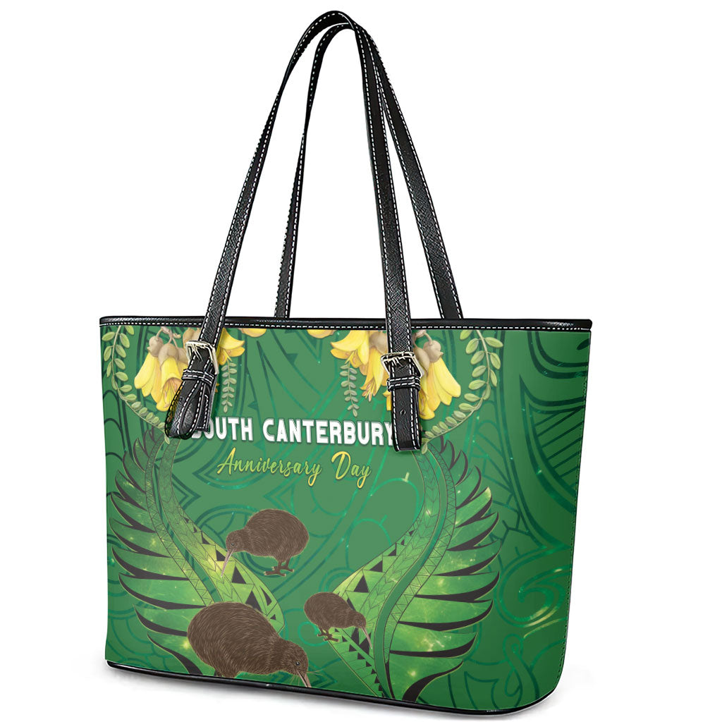 South Canterbury Anniversary Day Leather Tote Bag Kiwi Kowhai Silver Fern Maori Pattern LT22 - Polynesian Pride