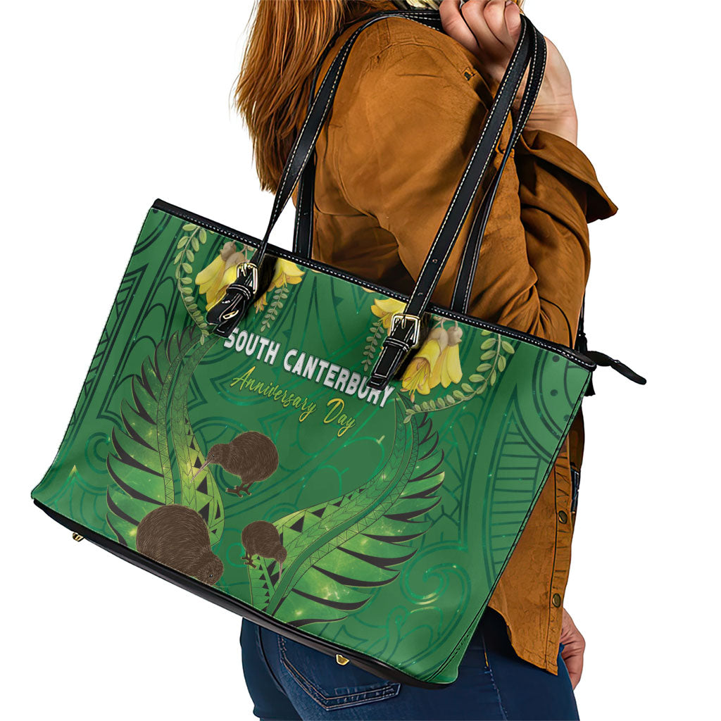 South Canterbury Anniversary Day Leather Tote Bag Kiwi Kowhai Silver Fern Maori Pattern LT22 - Polynesian Pride