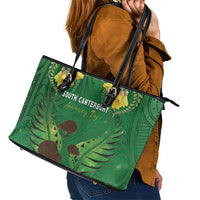 South Canterbury Anniversary Day Leather Tote Bag Kiwi Kowhai Silver Fern Maori Pattern LT22 - Polynesian Pride