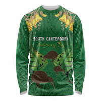 Personalised South Canterbury Anniversary Day Long Sleeve Shirt Kiwi Kowhai Silver Fern Maori Pattern LT22 Unisex Green - Polynesian Pride