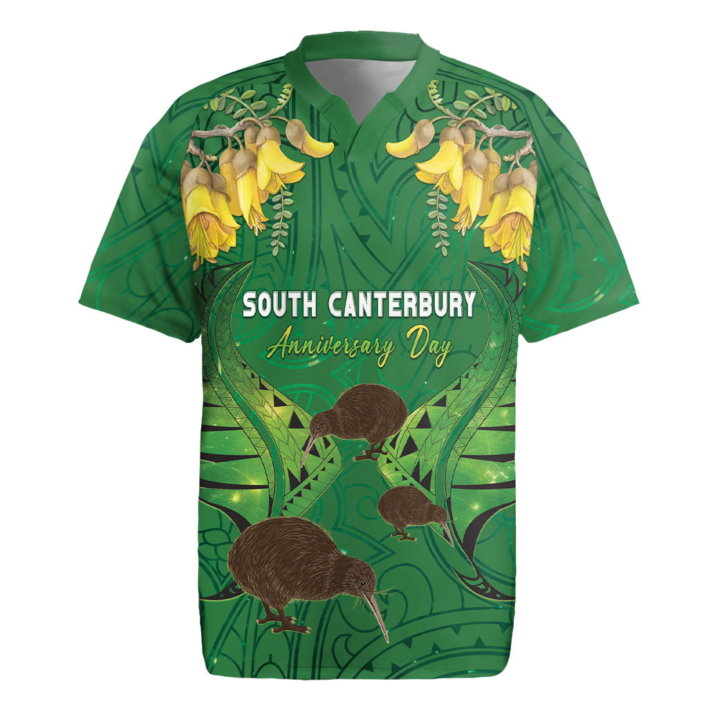 Personalised South Canterbury Anniversary Day Rugby Jersey Kiwi Kowhai Silver Fern Maori Pattern LT22 Green - Polynesian Pride