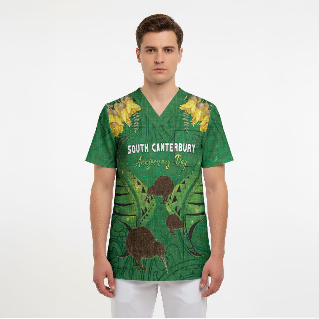 Personalised South Canterbury Anniversary Day Scrub Top Kiwi Kowhai Silver Fern Maori Pattern LT22 - Polynesian Pride