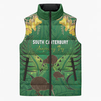 Personalised South Canterbury Anniversary Day Sleeveless Puffer Jacket Kiwi Kowhai Silver Fern Maori Pattern LT22 Unisex Green - Polynesian Pride