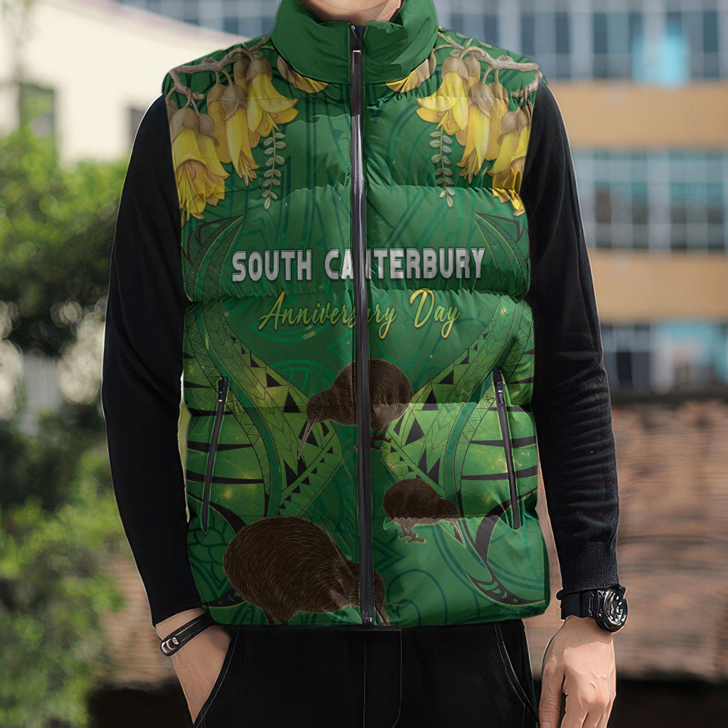 Personalised South Canterbury Anniversary Day Sleeveless Puffer Jacket Kiwi Kowhai Silver Fern Maori Pattern LT22 - Polynesian Pride