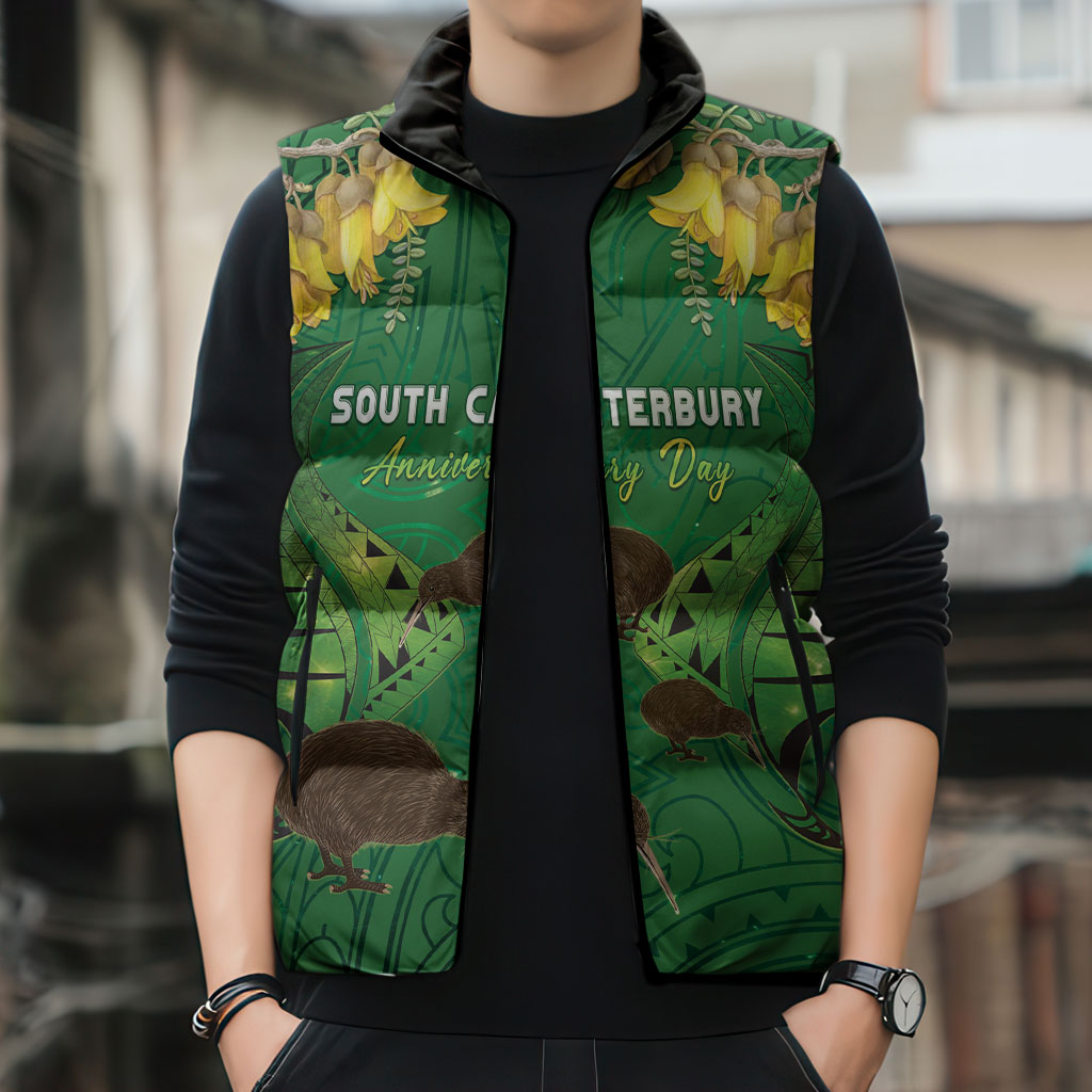 Personalised South Canterbury Anniversary Day Sleeveless Puffer Jacket Kiwi Kowhai Silver Fern Maori Pattern LT22 - Polynesian Pride