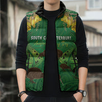 Personalised South Canterbury Anniversary Day Sleeveless Puffer Jacket Kiwi Kowhai Silver Fern Maori Pattern LT22 - Polynesian Pride