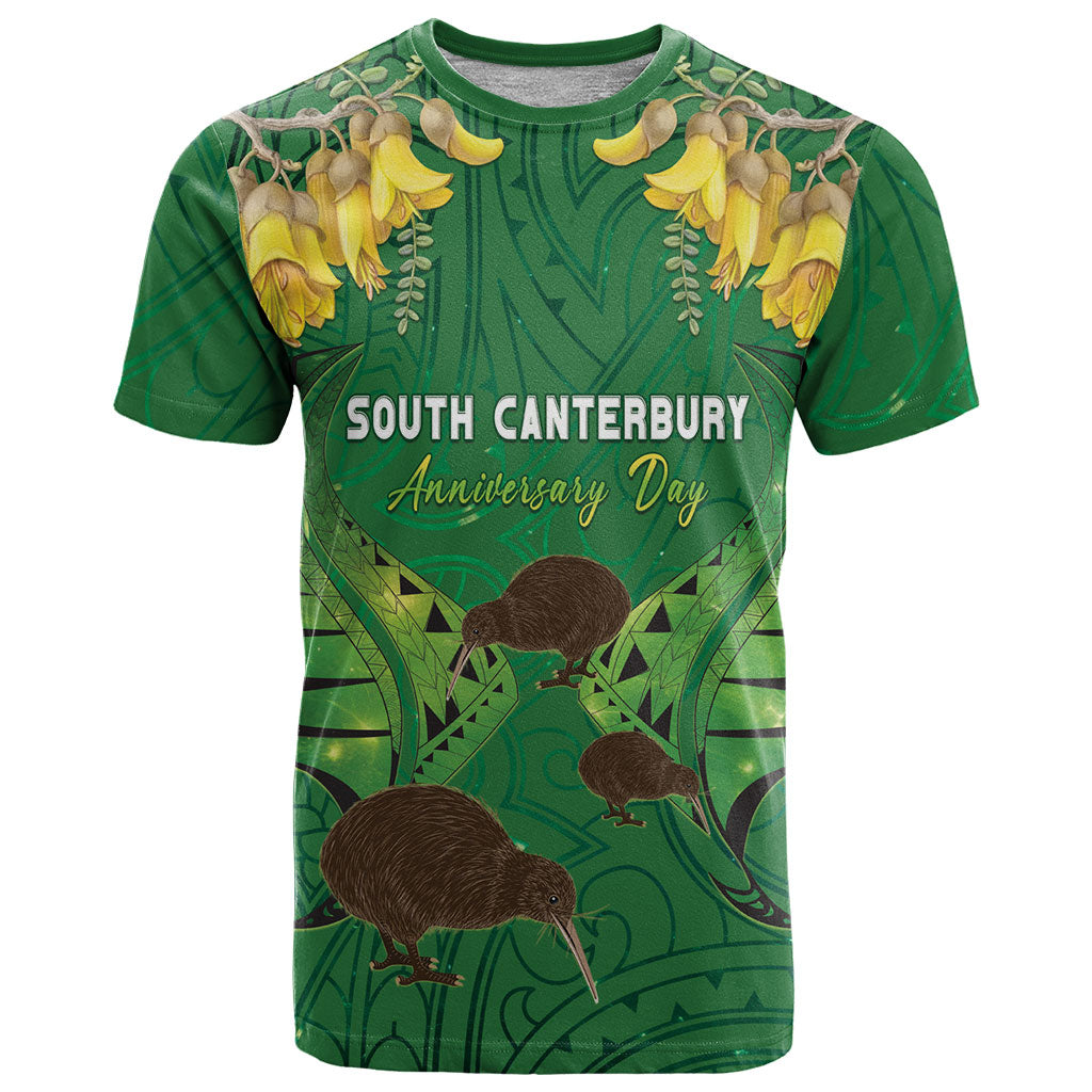 Personalised South Canterbury Anniversary Day T Shirt Kiwi Kowhai Silver Fern Maori Pattern LT22 Green - Polynesian Pride