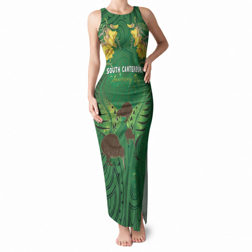 Personalised South Canterbury Anniversary Day Tank Maxi Dress Kiwi Kowhai Silver Fern Maori Pattern