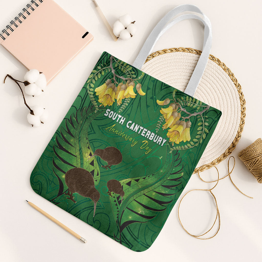 South Canterbury Anniversary Day Tote Bag Kiwi Kowhai Silver Fern Maori Pattern LT22 White Strap One Size Green - Polynesian Pride