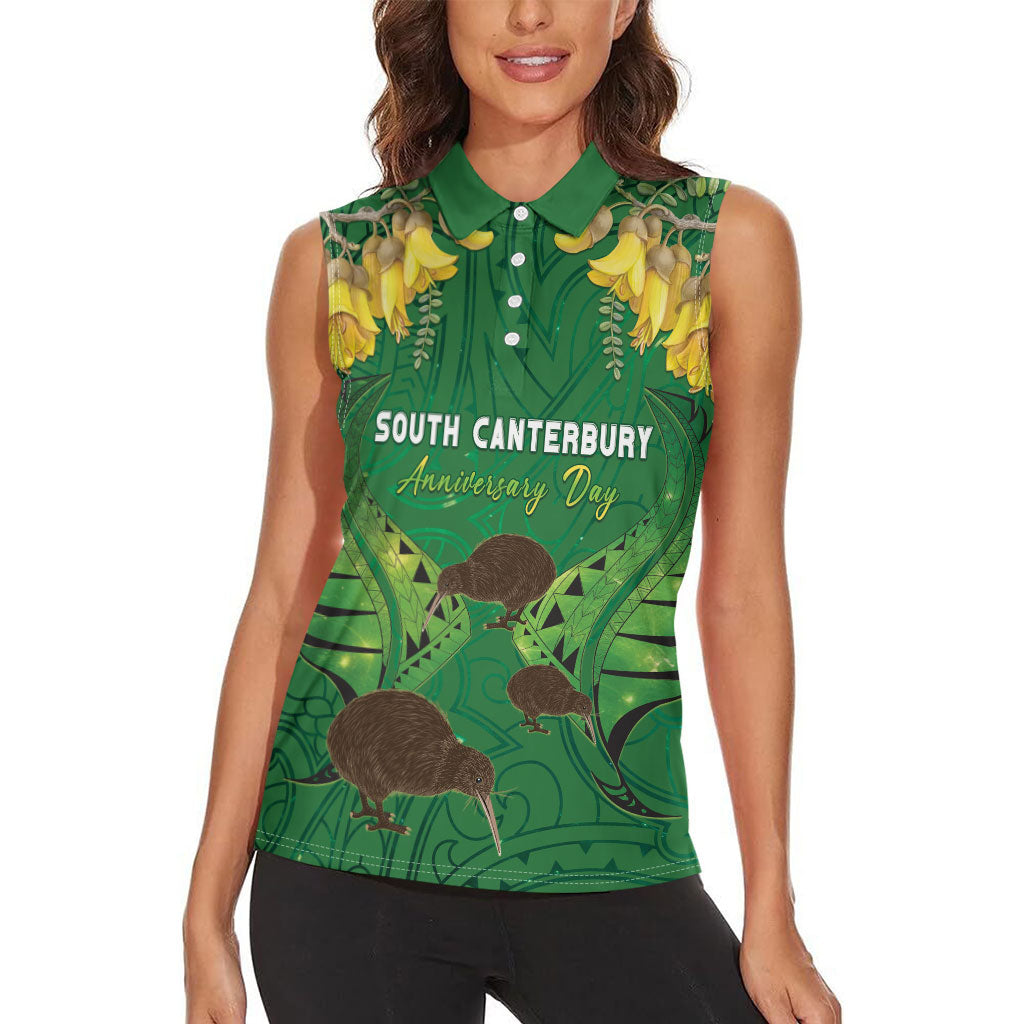 Personalised South Canterbury Anniversary Day Women Sleeveless Polo Shirt Kiwi Kowhai Silver Fern Maori Pattern LT22 - Polynesian Pride