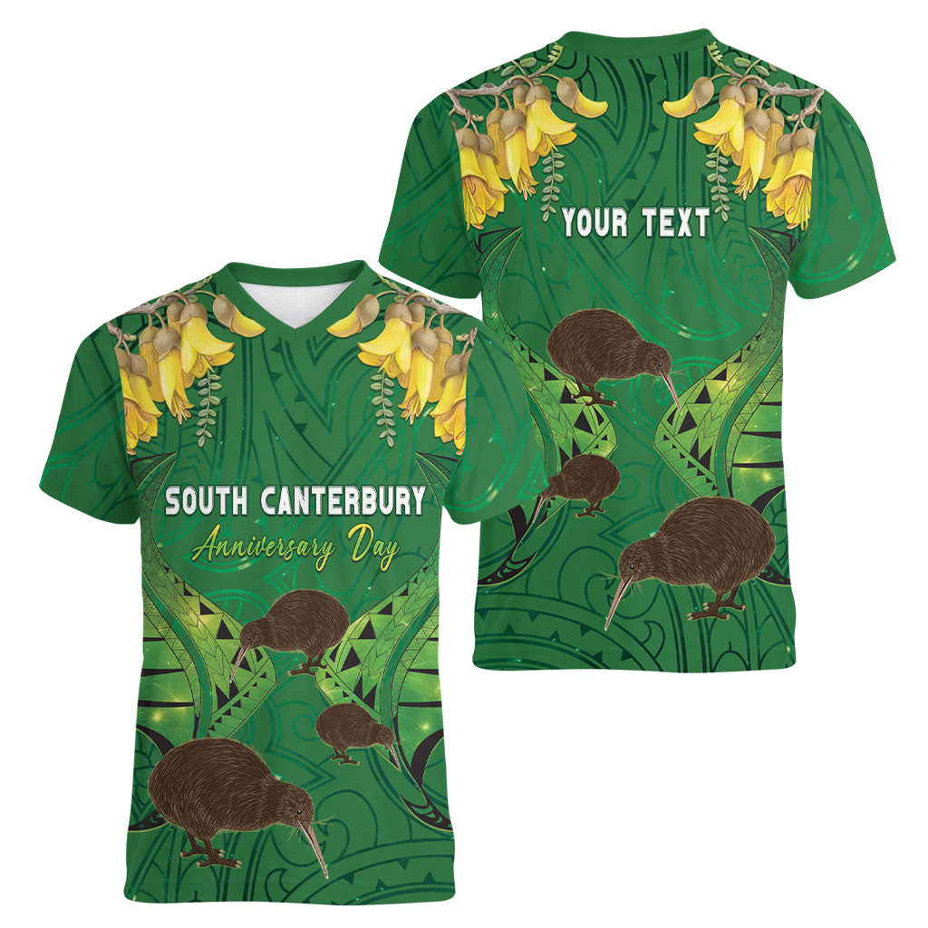 Personalised South Canterbury Anniversary Day Women V-Neck T-Shirt Kiwi Kowhai Silver Fern Maori Pattern LT22 - Polynesian Pride