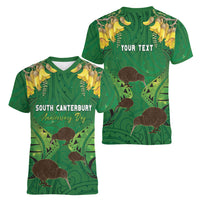 Personalised South Canterbury Anniversary Day Women V-Neck T-Shirt Kiwi Kowhai Silver Fern Maori Pattern LT22 - Polynesian Pride