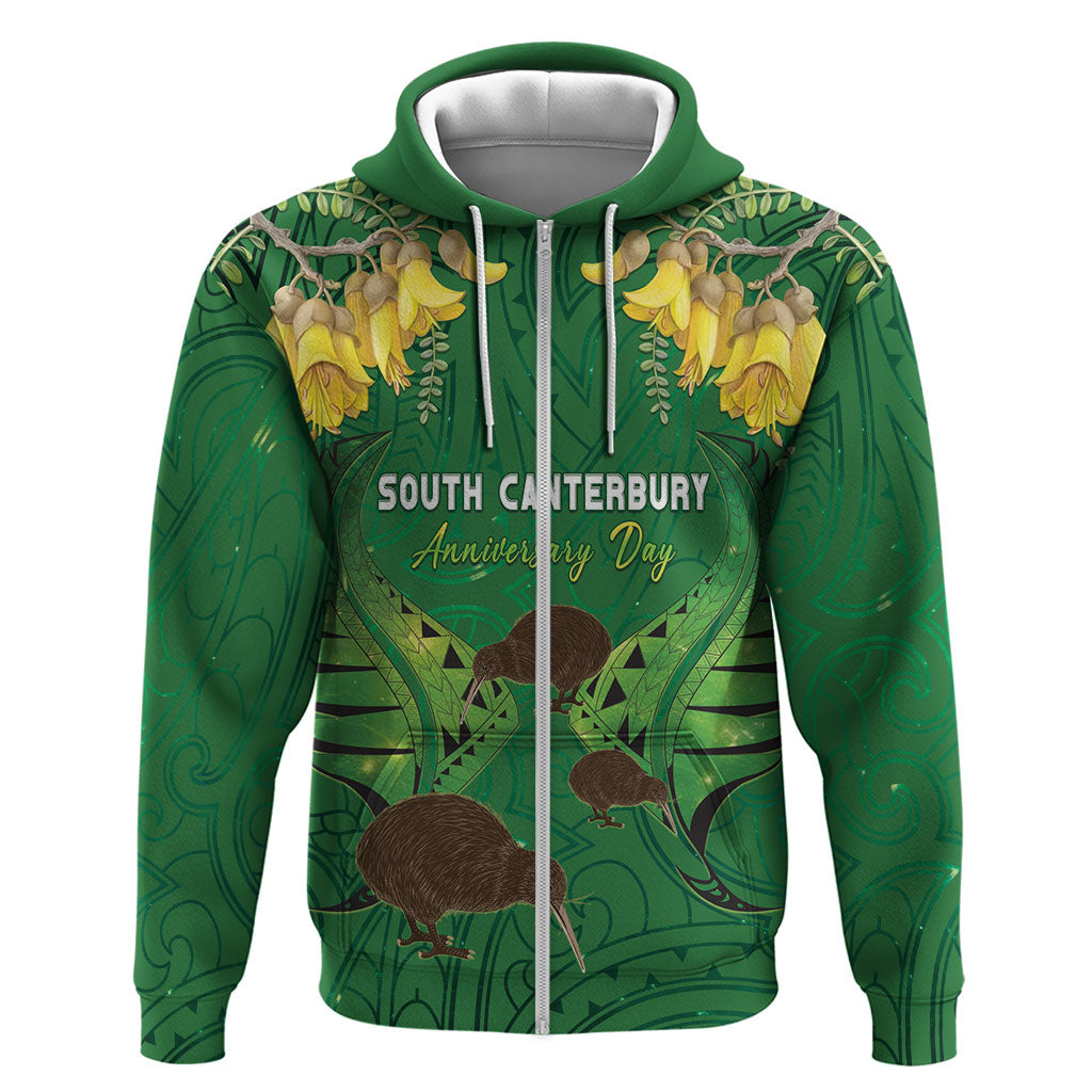 Personalised South Canterbury Anniversary Day Zip Hoodie Kiwi Kowhai Silver Fern Maori Pattern LT22 Zip Hoodie Green - Polynesian Pride