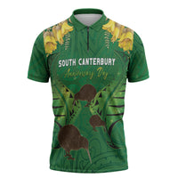Personalised South Canterbury Anniversary Day Zipper Polo Shirt Kiwi Kowhai Silver Fern Maori Pattern LT22 Green - Polynesian Pride