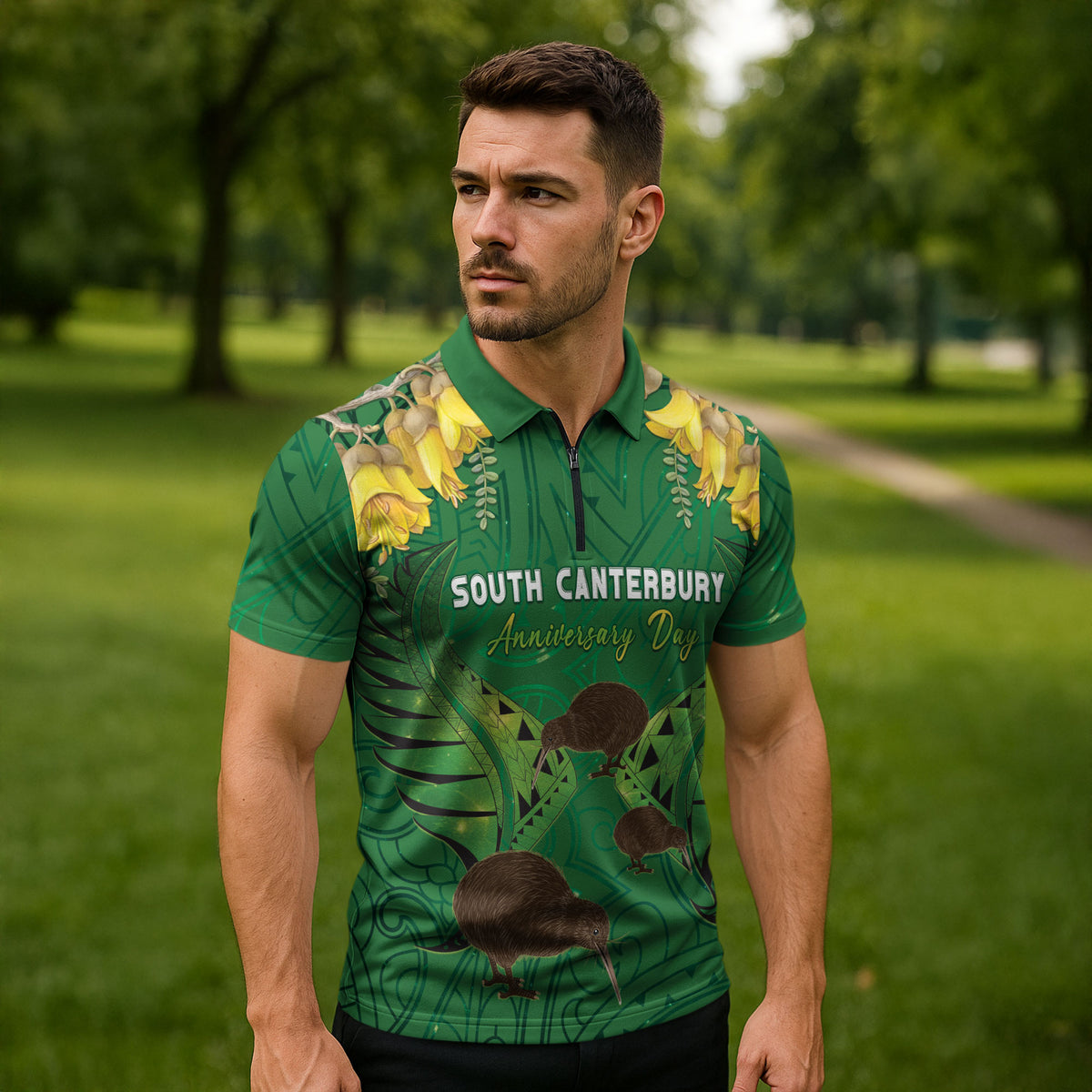 Personalised South Canterbury Anniversary Day Zipper Polo Shirt Kiwi Kowhai Silver Fern Maori Pattern LT22 - Polynesian Pride