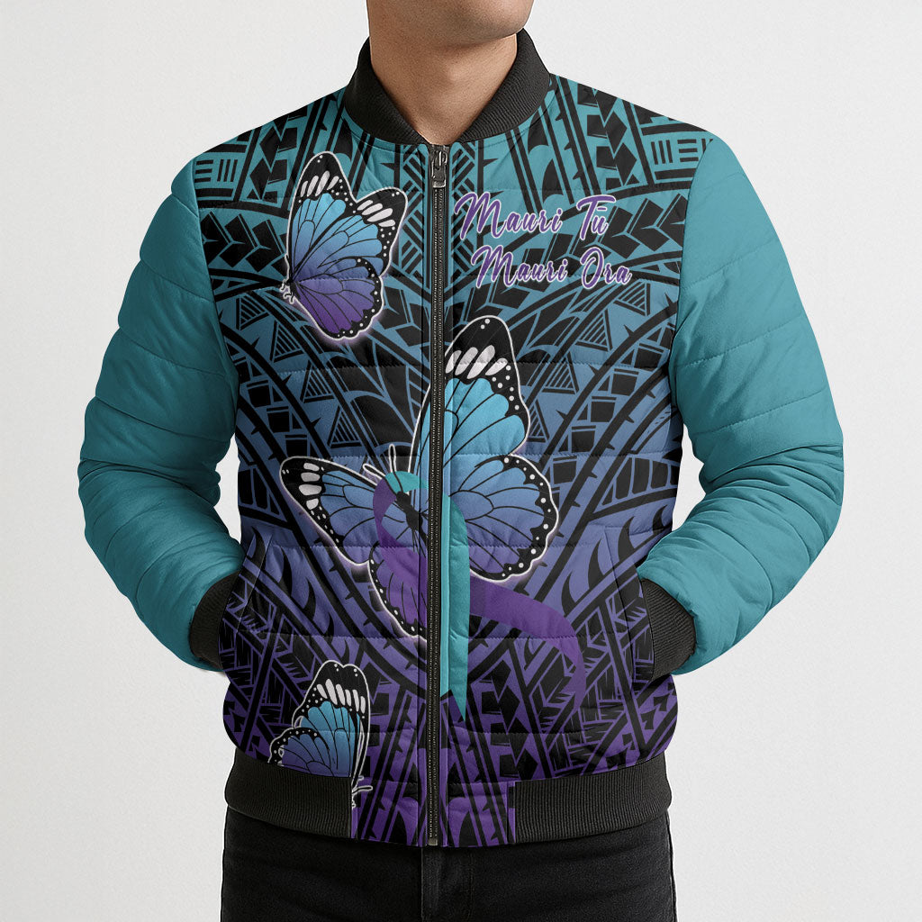 Personalised New Zealand Suicide Prevention Month Bomber Puffer Jacket Maori Mauri Tu Mauri Ora Polynesian Pattern LT22 - Polynesian Pride