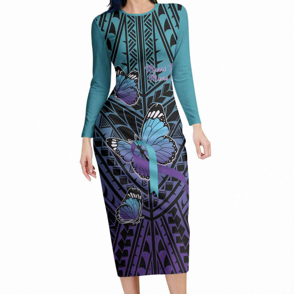Personalised New Zealand Suicide Prevention Month Long Sleeve Bodycon Dress Maori Mauri Tu Mauri Ora Polynesian Pattern LT22 Long Dress Teal - Polynesian Pride
