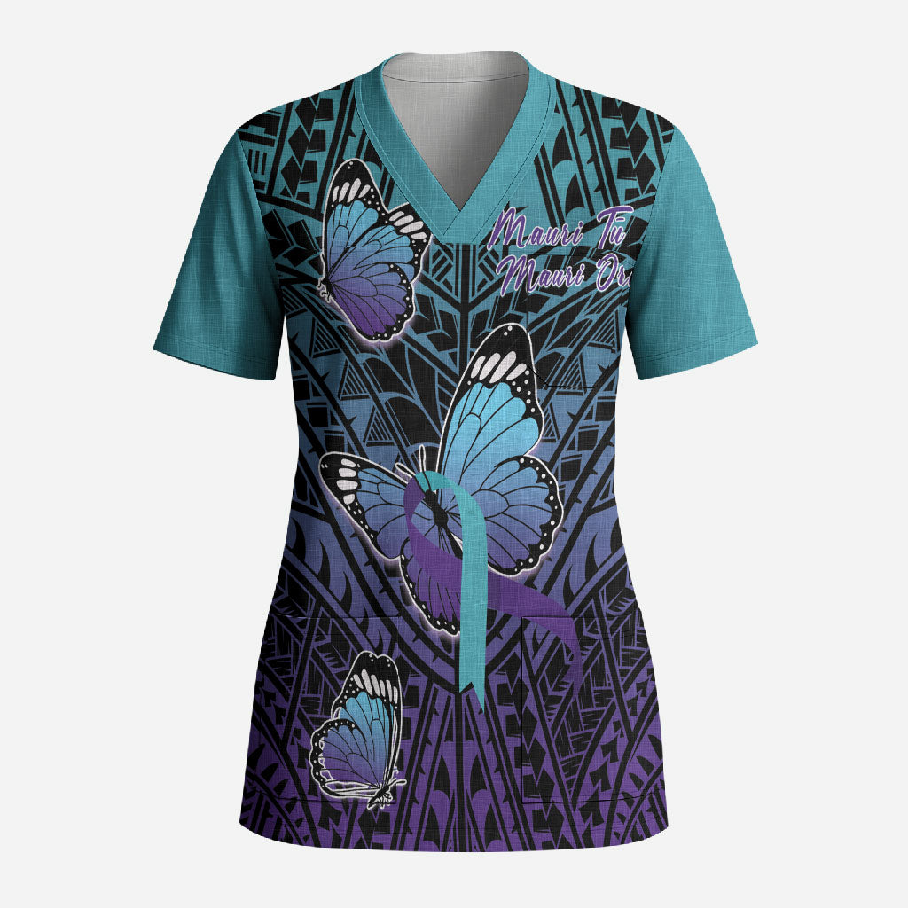 Personalised New Zealand Suicide Prevention Month Scrub Top Maori Mauri Tu Mauri Ora Polynesian Pattern LT22 Adult Teal - Polynesian Pride