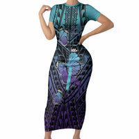 Personalised New Zealand Suicide Prevention Month Short Sleeve Bodycon Dress Maori Mauri Tu Mauri Ora Polynesian Pattern LT22 Long Dress Teal - Polynesian Pride