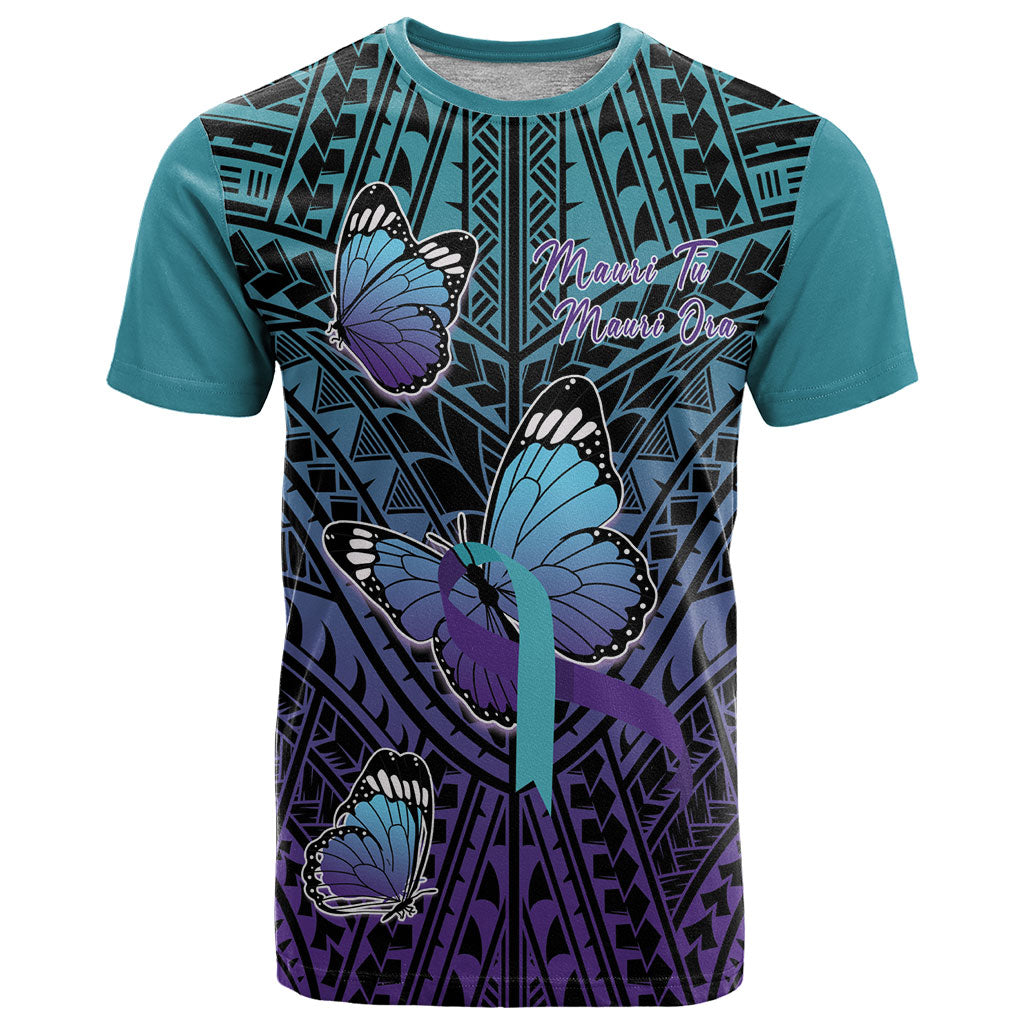 Personalised New Zealand Suicide Prevention Month T Shirt Maori Mauri Tu Mauri Ora Polynesian Pattern LT22 Teal - Polynesian Pride
