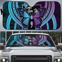 Polynesia Suicide Prevention Month Auto Sun Shade Semicolon Butterfly Never Give Up Polynesian Pattern LT22 Teal - Polynesian Pride