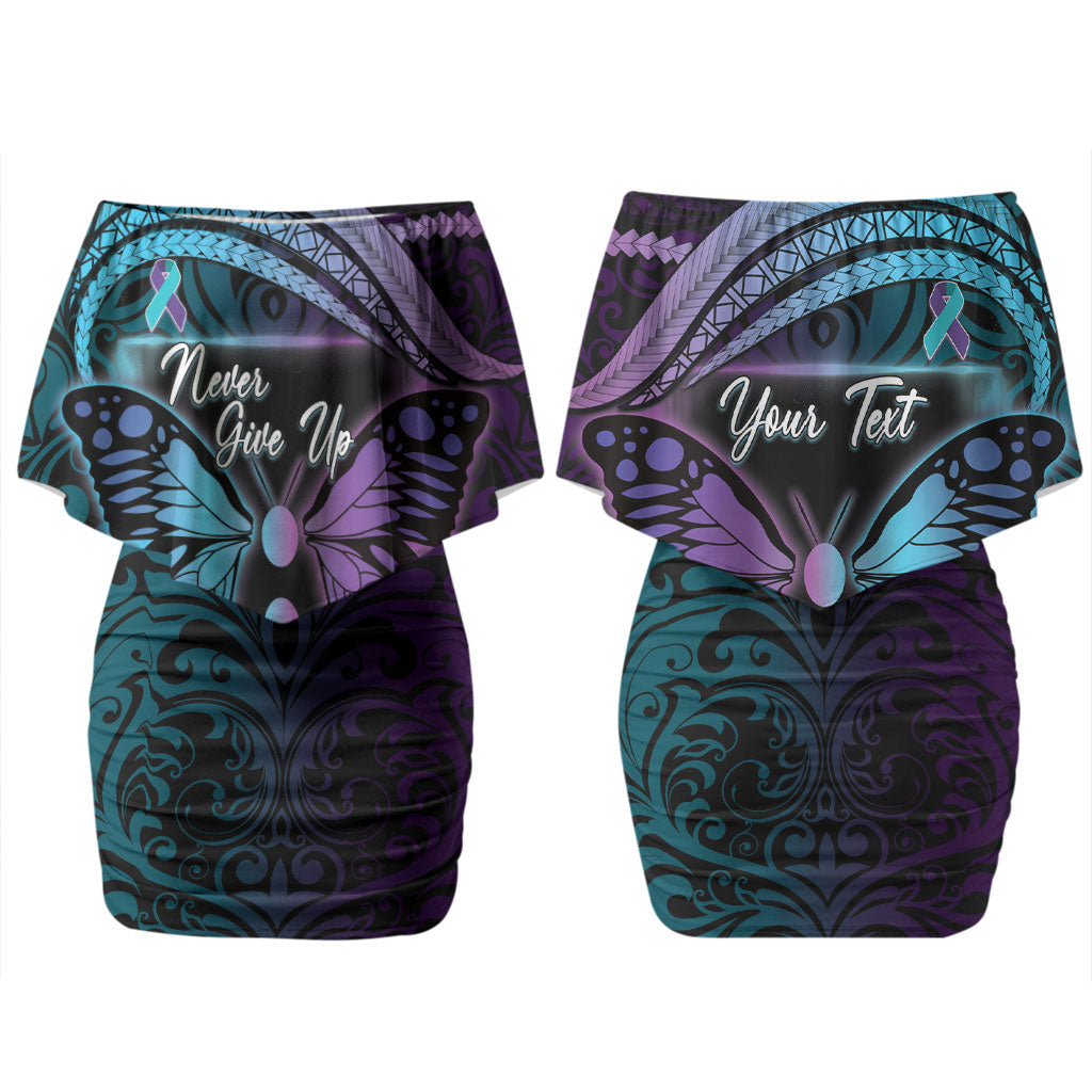 Personalised Polynesia Suicide Prevention Month Couples Matching Off Shoulder Short Dress and Hawaiian Shirt Semicolon Butterfly Never Give Up Polynesian Pattern LT22 - Polynesian Pride