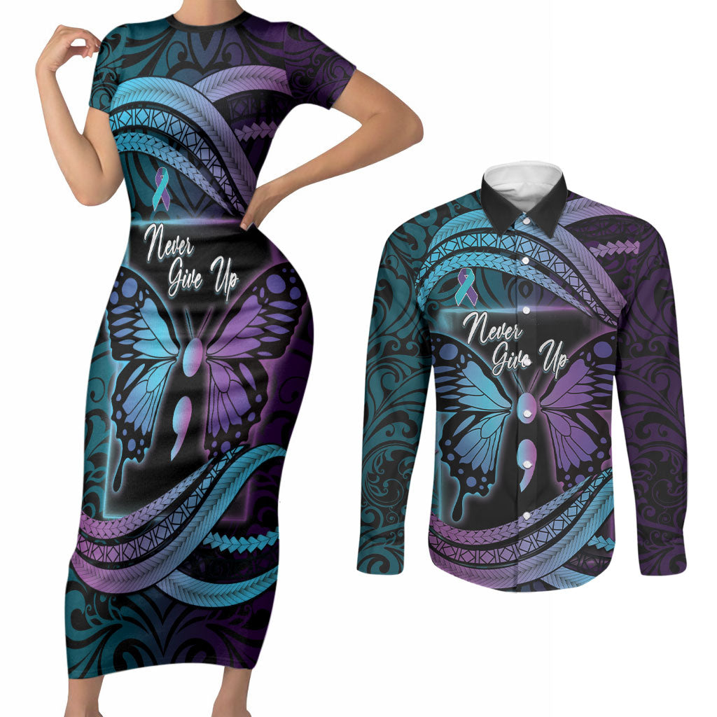 Personalised Polynesia Suicide Prevention Month Couples Matching Short Sleeve Bodycon Dress and Long Sleeve Button Shirt Semicolon Butterfly Never Give Up Polynesian Pattern LT22 Teal - Polynesian Pride