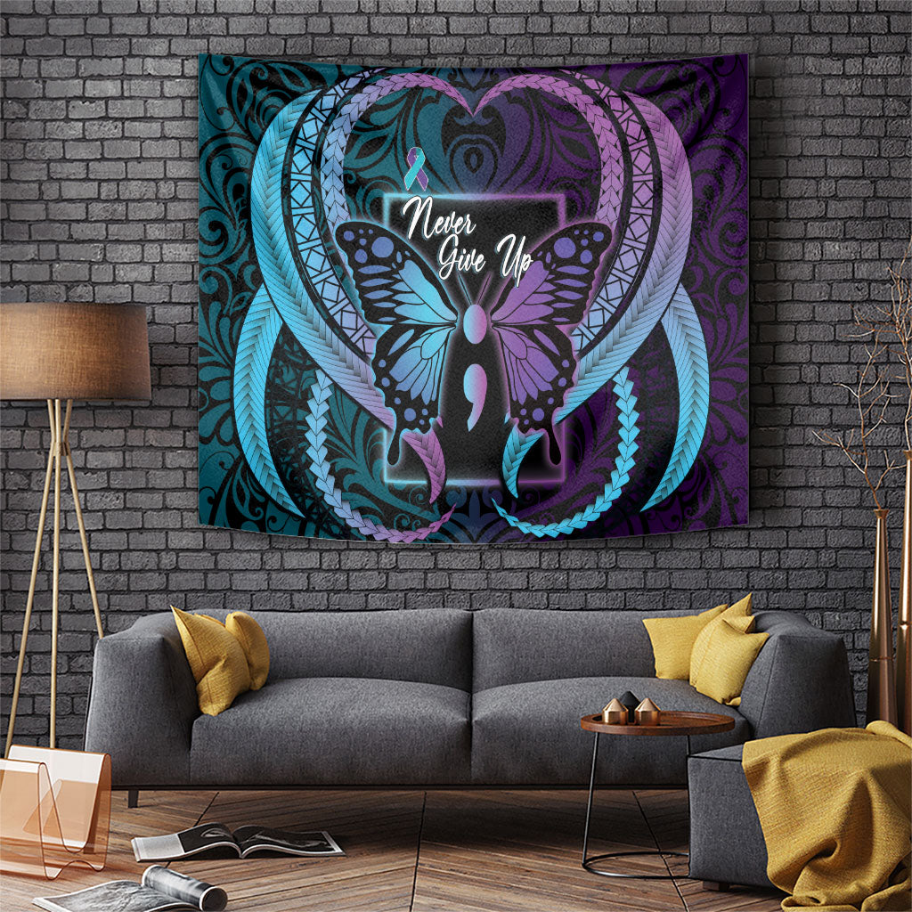 Polynesia Suicide Prevention Month Tapestry Semicolon Butterfly Never Give Up Polynesian Pattern