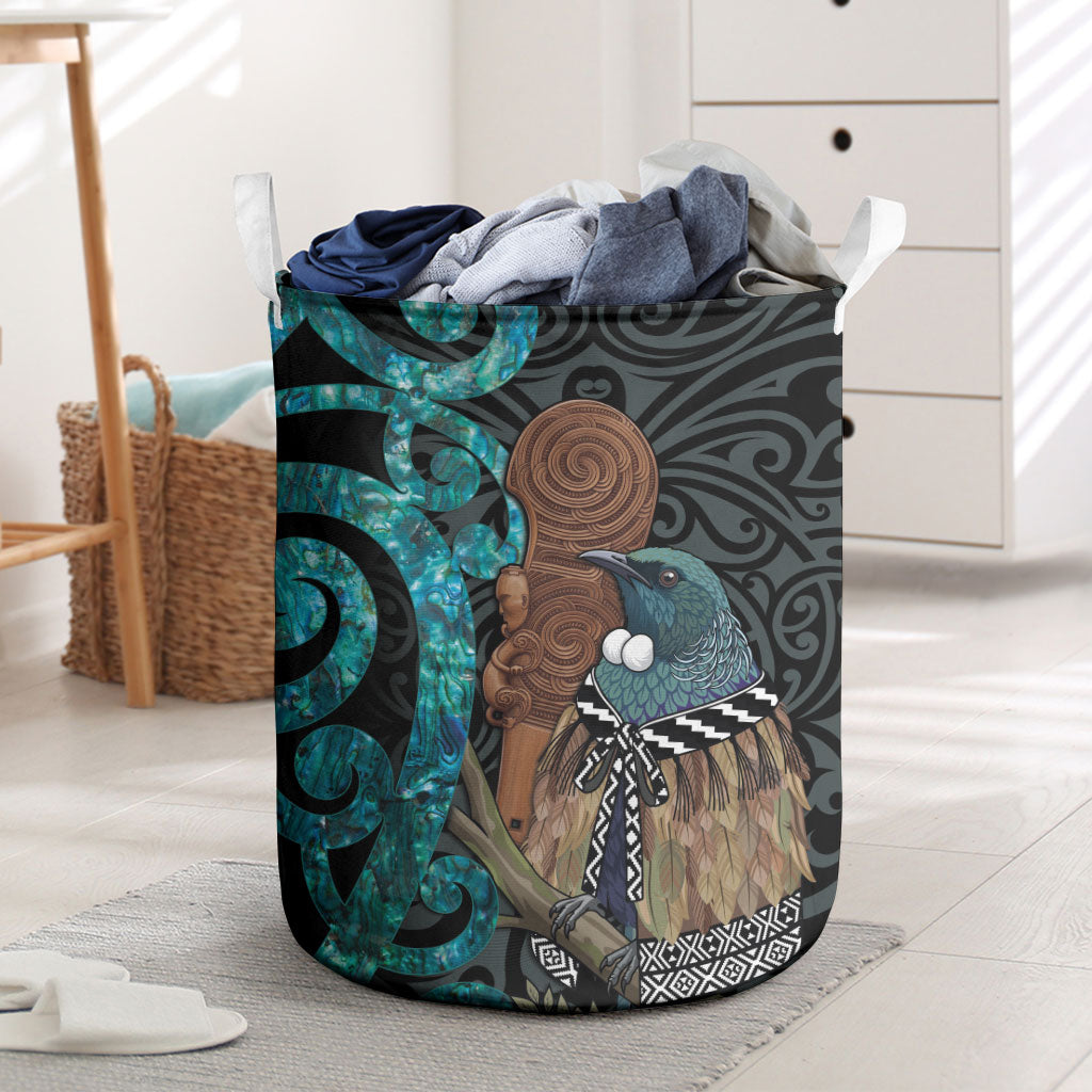 New Zealand Tui Bird Wahaika Laundry Basket Maori Weapon Paua Shell Koru Pattern LT22 Black - Polynesian Pride