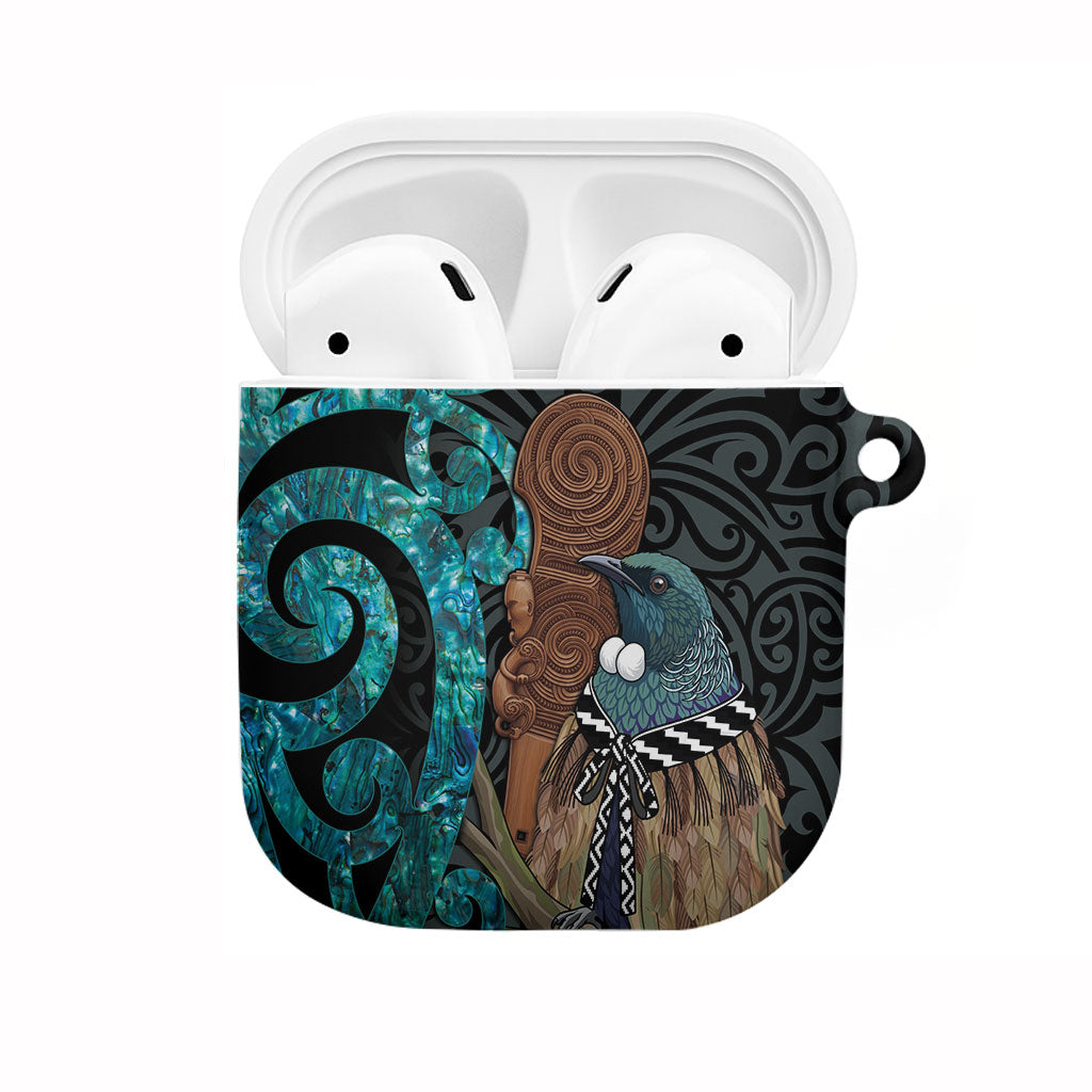 New Zealand Tui Bird Wahaika AirPods Case Maori Weapon Paua Shell Koru Pattern LT22 Black - Polynesian Pride