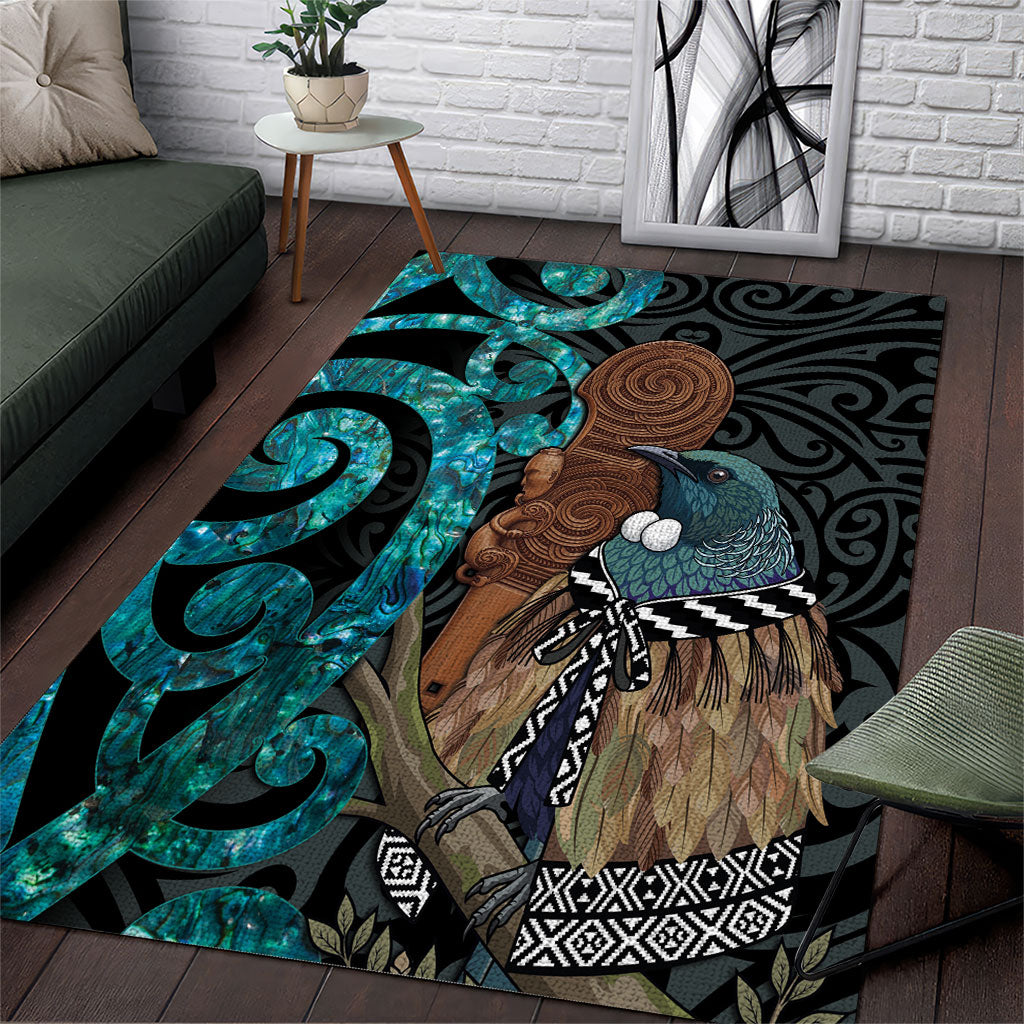 New Zealand Tui Bird Wahaika Area Rug Maori Weapon Paua Shell Koru Pattern LT22 Black - Polynesian Pride