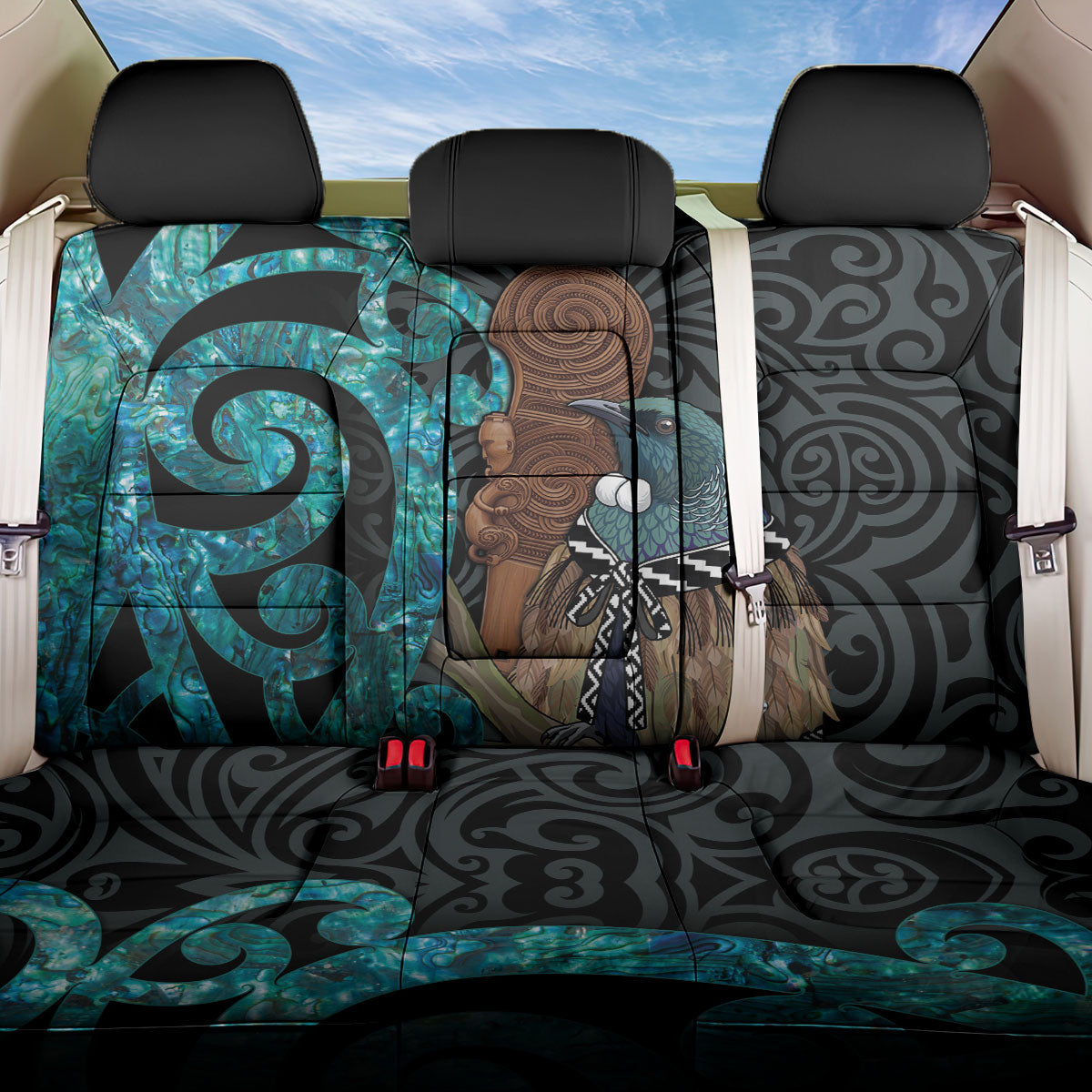 New Zealand Tui Bird Wahaika Back Car Seat Cover Maori Weapon Paua Shell Koru Pattern LT22 One Size Black - Polynesian Pride