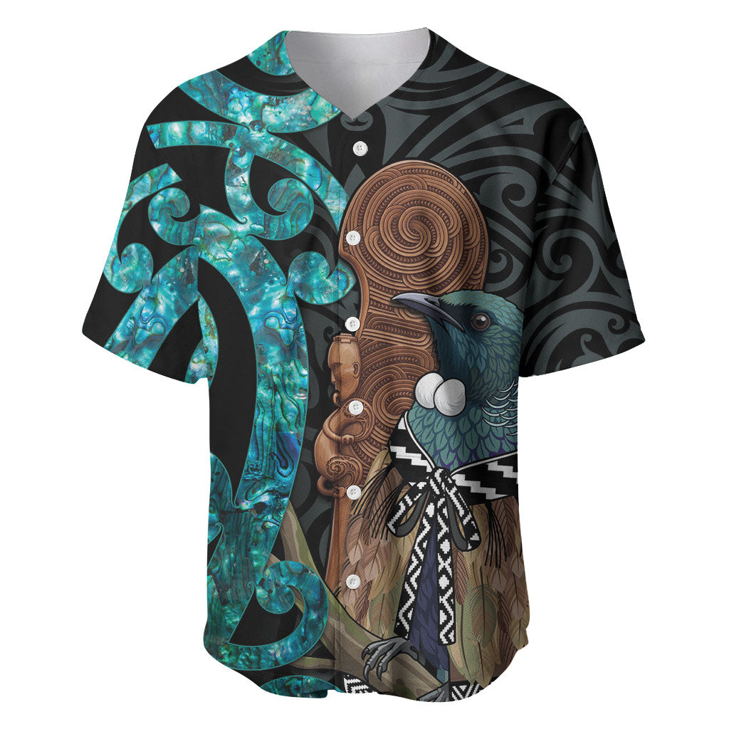 New Zealand Tui Bird Wahaika Baseball Jersey Maori Weapon Paua Shell Koru Pattern LT22 Black - Polynesian Pride