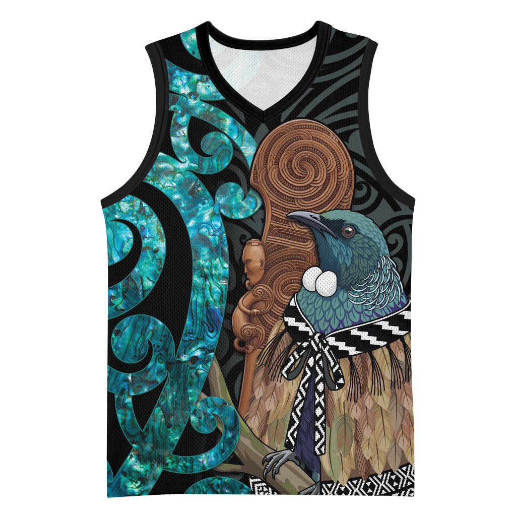 New Zealand Tui Bird Wahaika Basketball Jersey Maori Weapon Paua Shell Koru Pattern LT22 Unisex Black - Polynesian Pride
