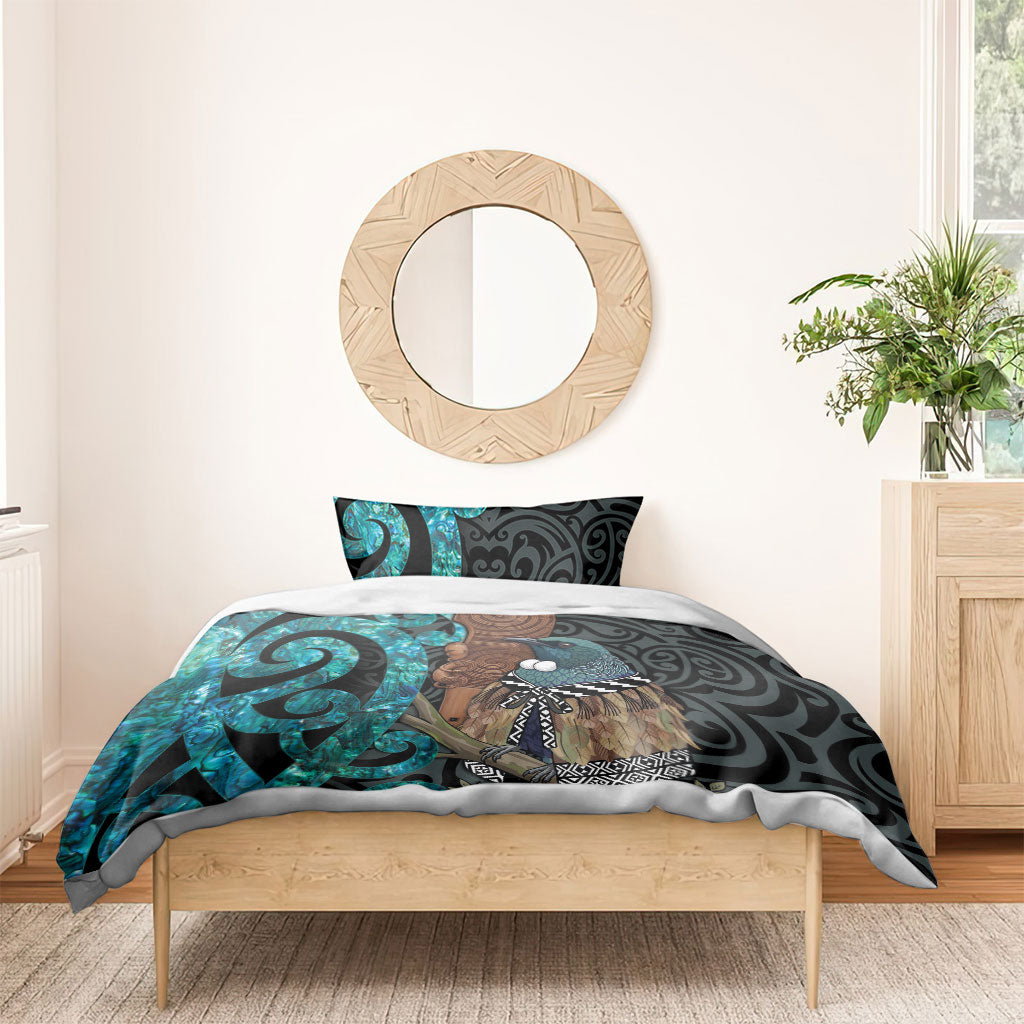 New Zealand Tui Bird Wahaika Bedding Set Maori Weapon Paua Shell Koru Pattern