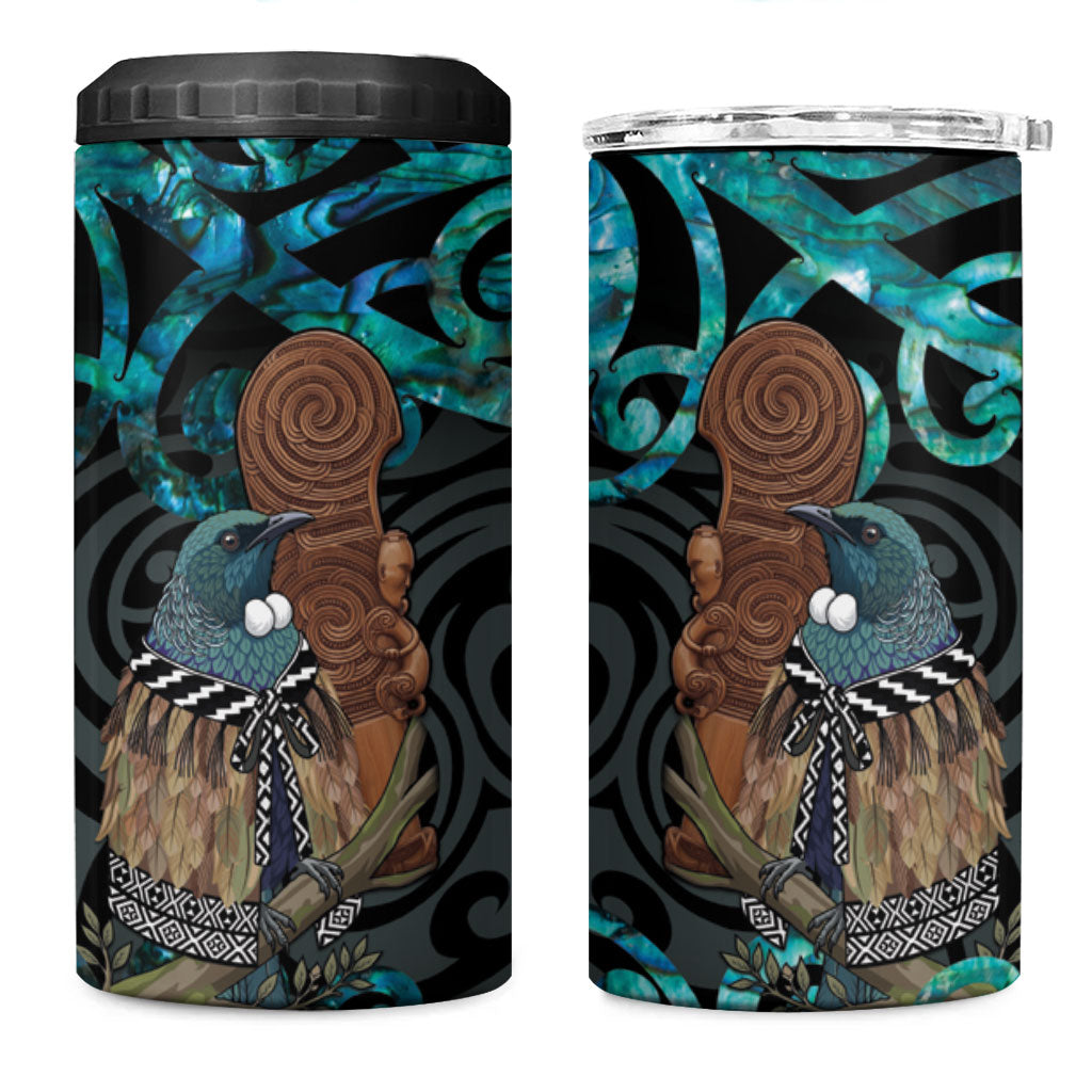 New Zealand Tui Bird Wahaika 4 in 1 Can Cooler Tumbler Maori Weapon Paua Shell Koru Pattern LT22 One Size: 16 oz Black - Polynesian Pride