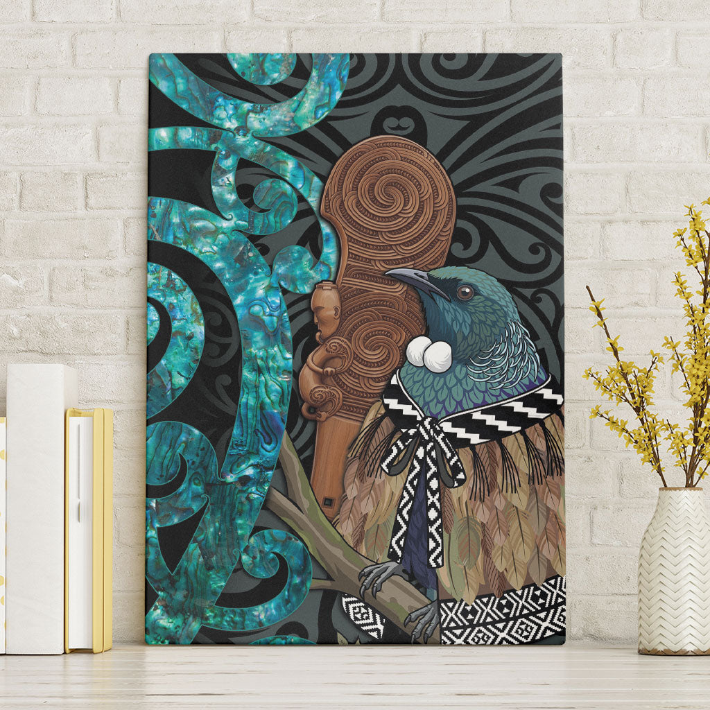 New Zealand Tui Bird Wahaika Canvas Wall Art Maori Weapon Paua Shell Koru Pattern LT22 Without Frame Black - Polynesian Pride