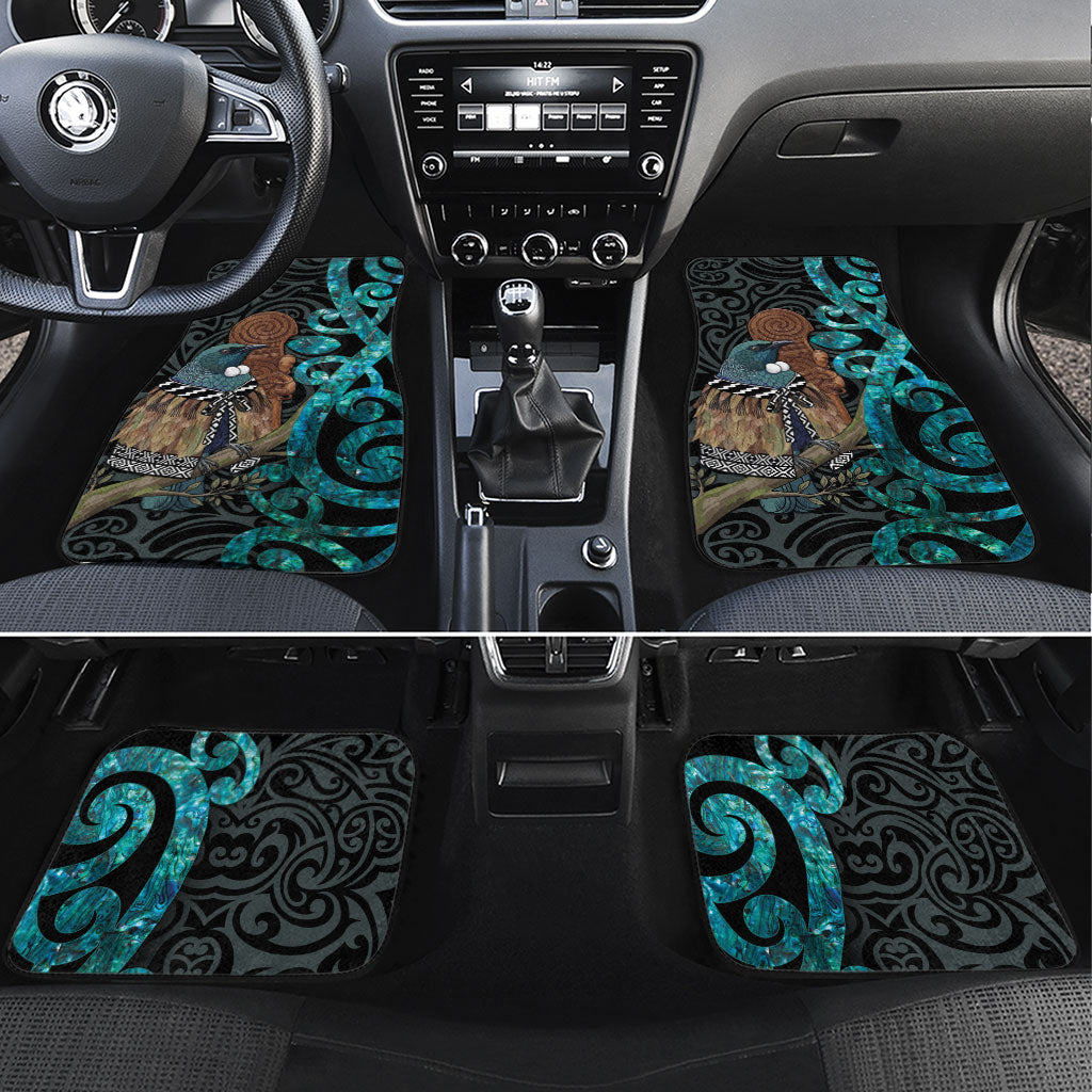 New Zealand Tui Bird Wahaika Car Mats Maori Weapon Paua Shell Koru Pattern LT22 Set 4pcs Black - Polynesian Pride