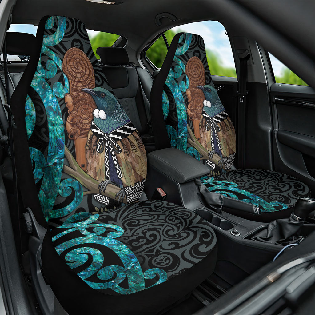 New Zealand Tui Bird Wahaika Car Seat Cover Maori Weapon Paua Shell Koru Pattern LT22 One Size Black - Polynesian Pride