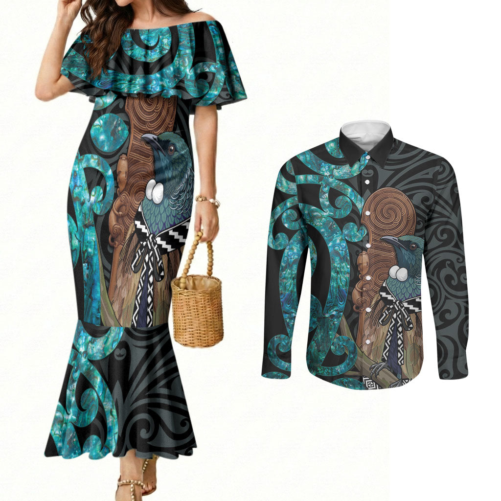 New Zealand Tui Bird Wahaika Couples Matching Mermaid Dress and Long Sleeve Button Shirt Maori Weapon Paua Shell Koru Pattern LT22 Black - Polynesian Pride