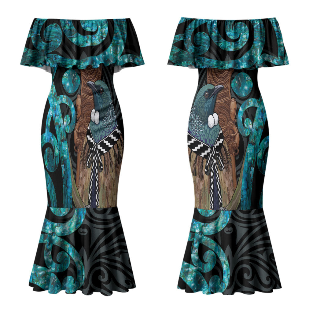 New Zealand Tui Bird Wahaika Couples Matching Mermaid Dress and Long Sleeve Button Shirt Maori Weapon Paua Shell Koru Pattern