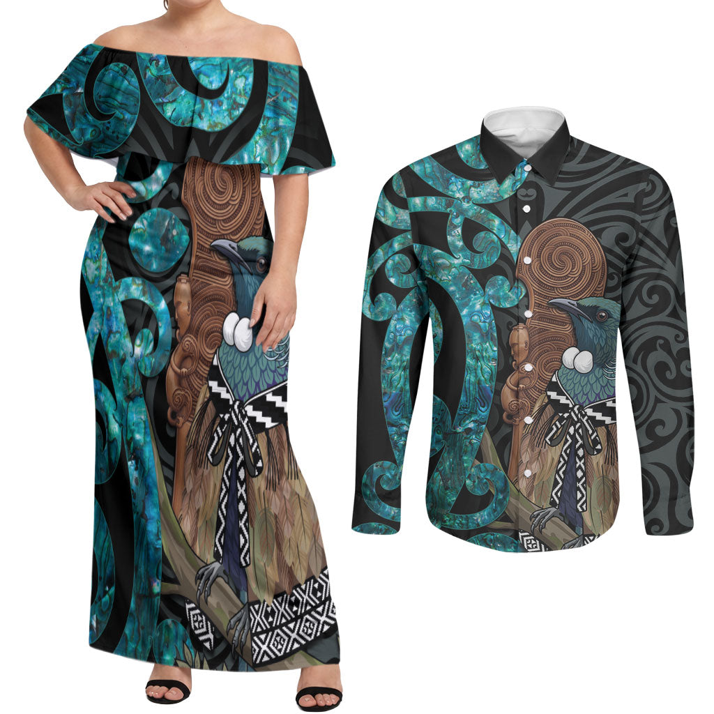 New Zealand Tui Bird Wahaika Couples Matching Off Shoulder Maxi Dress and Long Sleeve Button Shirt Maori Weapon Paua Shell Koru Pattern LT22 Black - Polynesian Pride