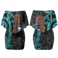 New Zealand Tui Bird Wahaika Couples Matching Off Shoulder Short Dress and Hawaiian Shirt Maori Weapon Paua Shell Koru Pattern